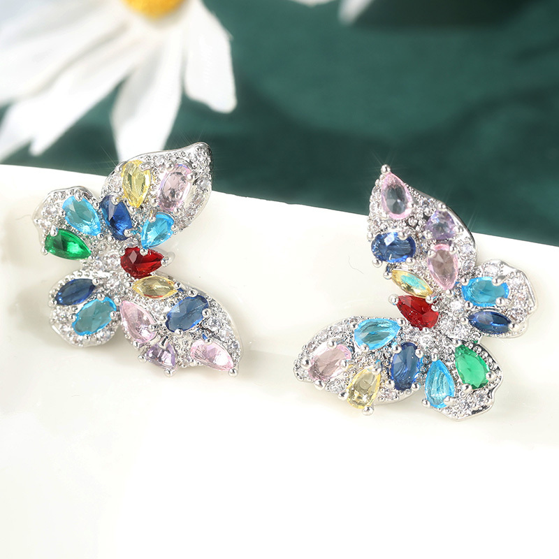 Colorful Butterfly Stud Earrings with Zirconia
